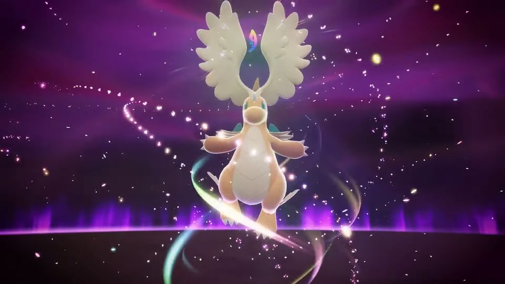 mega dragonite finishing it's transformation with its antenna wings unfurled, framing the mega symbol.