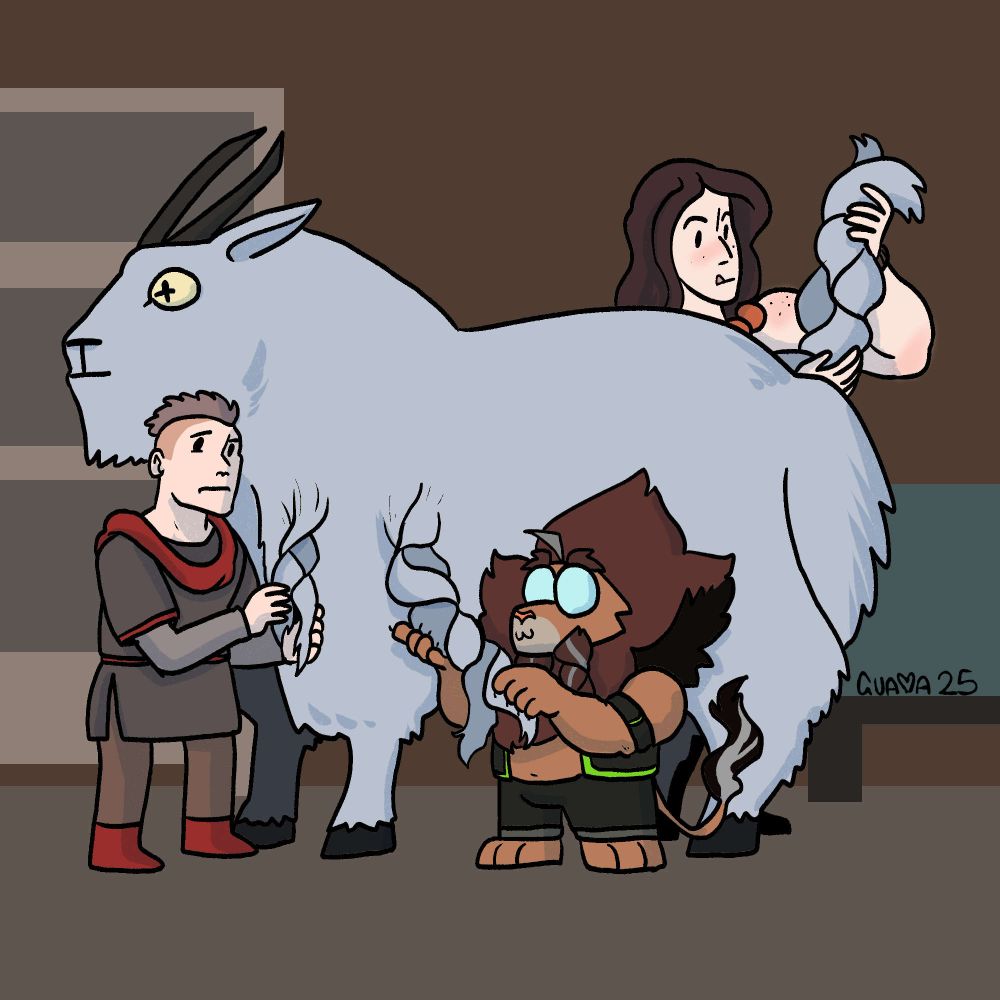 A giant goat standing in an inn room. Percy the Leonin uses it's long fur to teach his team mates Dalton and Bodhi how to braid hair.