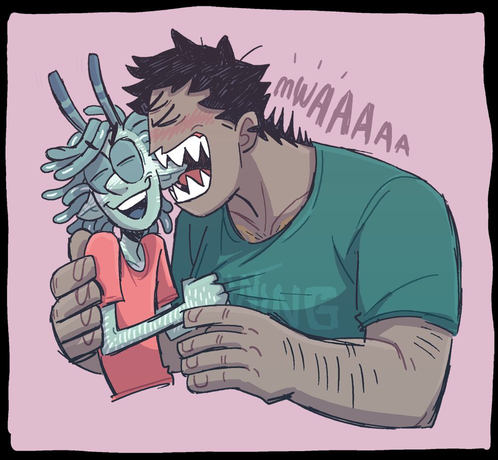 The big alien is giving the small alien a smooch as well, but it's more like a little nibble with his giant sharp teeth