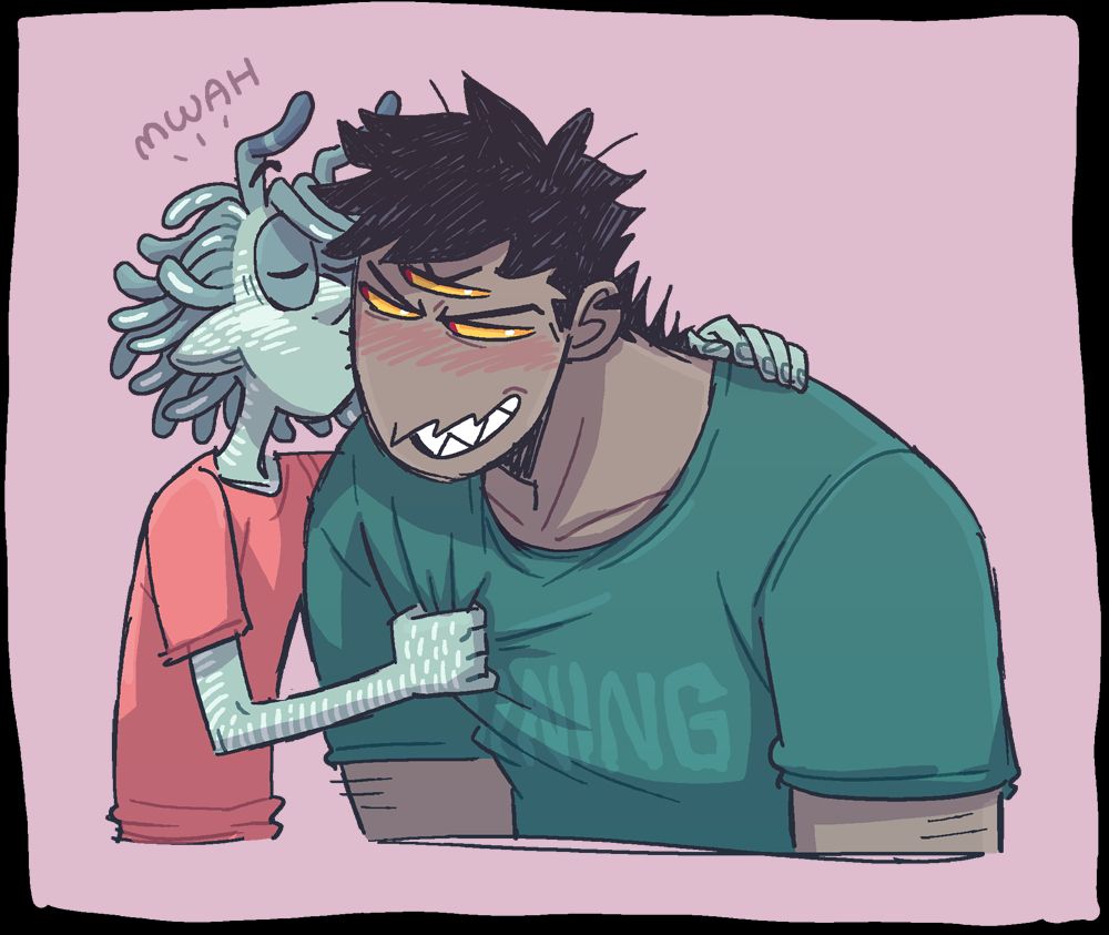 A small blue alien is giving a big grayish-tan alien a little smooch on the cheek