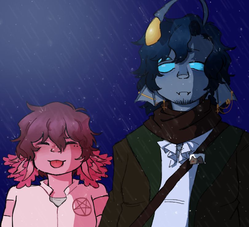 Sebastian Solace on the right standing next to my oc (Aiden) being silly 