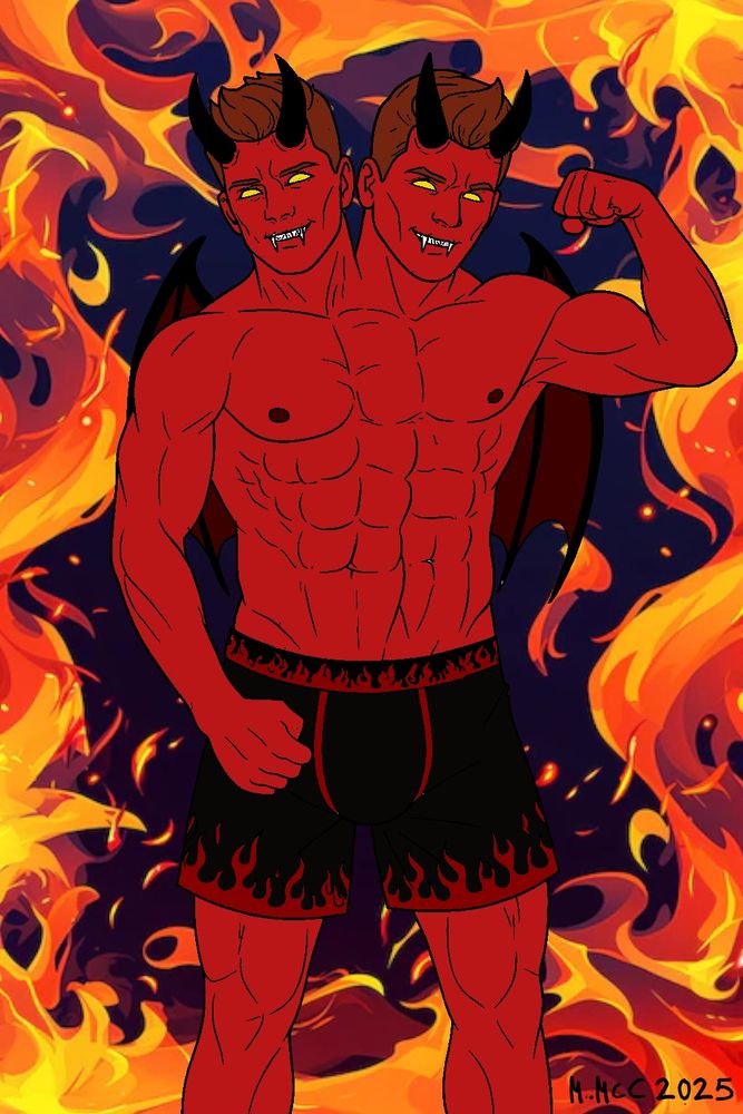 A drawing by myself of a hunky two-headed demon in his underwear. He has red skin, yellow eyes, black horns, and pointy teeth. His underwear is black with a red flames design. He is surrounded by a frame of fire