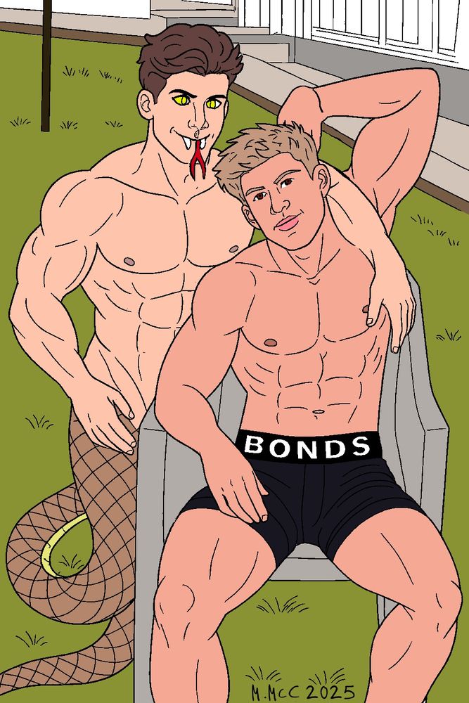 A drawing by myself of Robert Irwin based upon the Bonds Underwear adverts, but the snake has been replaced by a hunky half-man half-snake creature.