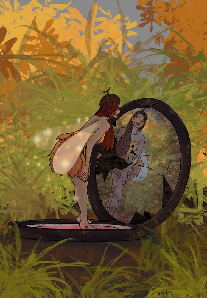 An illustration of a small fairy standing on top of an open blush compact that has been dropped onto the forest floor. The fairy is wearing a dress of yellow leaves and has an acorn cap on her head as a beret. The mirror of the compact is broken and dirty, save for a streak across her reflection’s face. 