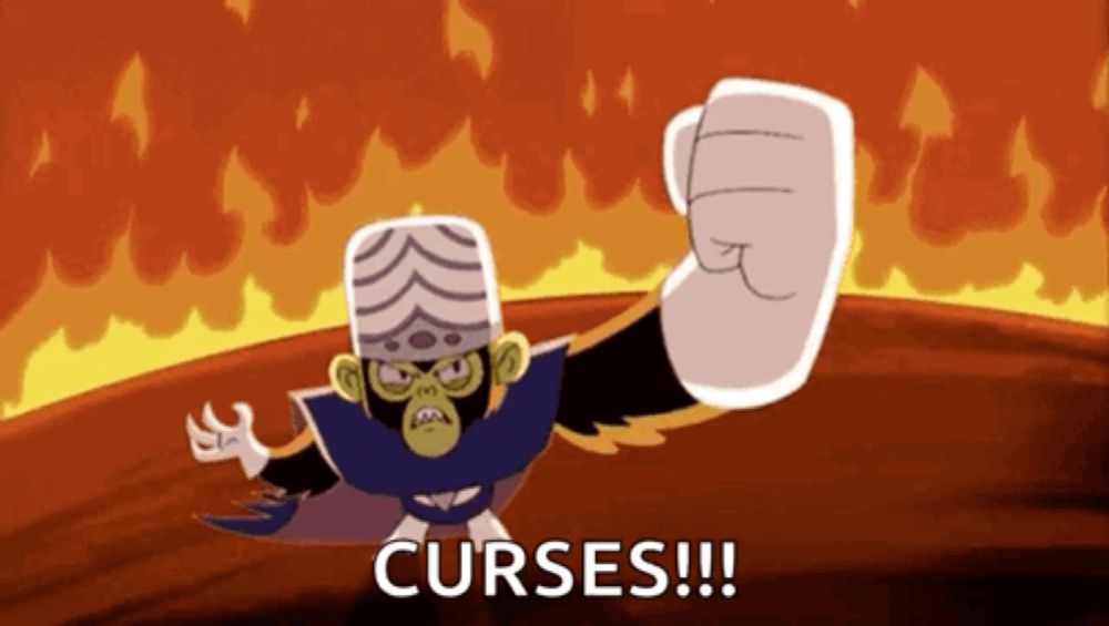 a cartoon character says curses in front of fire