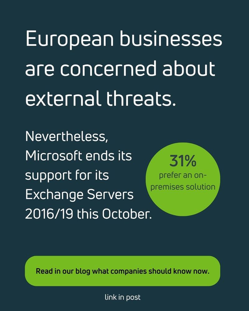 Graphic with dark blue background and white and green text. Main heading reads: “European businesses are concerned about external threats.” Below, it says: “Nevertheless, Microsoft ends its support for its Exchange Servers 2016/19 this October.” A green circle on the right side shows: “31% prefer an on-premises solution.” At the bottom, a green button says: “Read in our blog what companies should know now.” Small text underneath reads: “link in post.”
