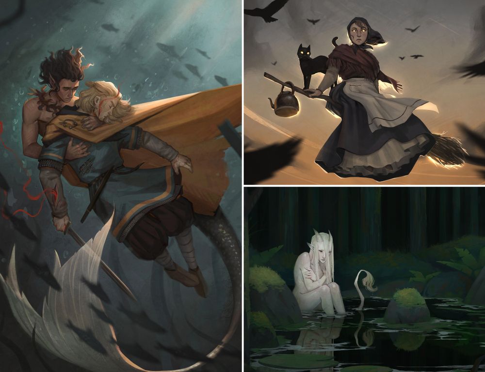 showing three illustrations. 1. mermaid Niketas with a fallen Ulvar in the depth of water. 2. An easter witch with a cat looking at the camera. 3. a white changeling sitting in water in a dark green forest. 