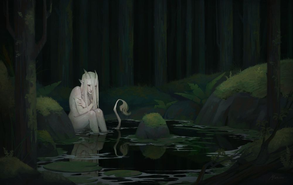 A pale changeling sitting in water in the deep dark green forest