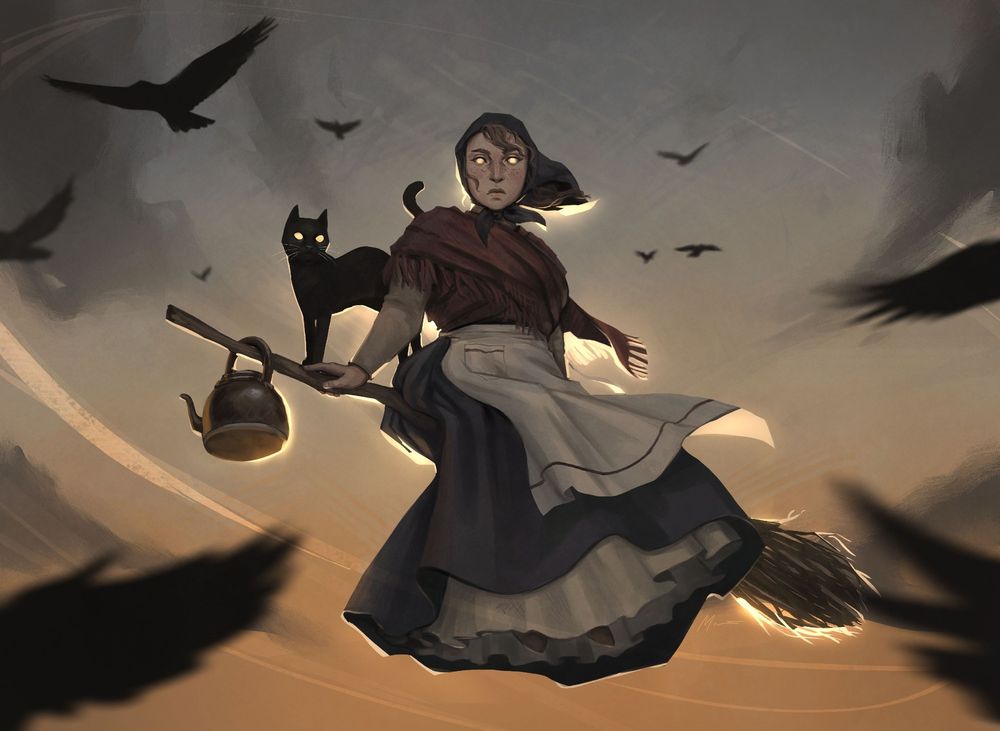 An easter witch flying on a broom towards Blåkulla, a cat is standing on it as well. Both have glowing yellow eyes, staring into the camera. Birds are flying around them.