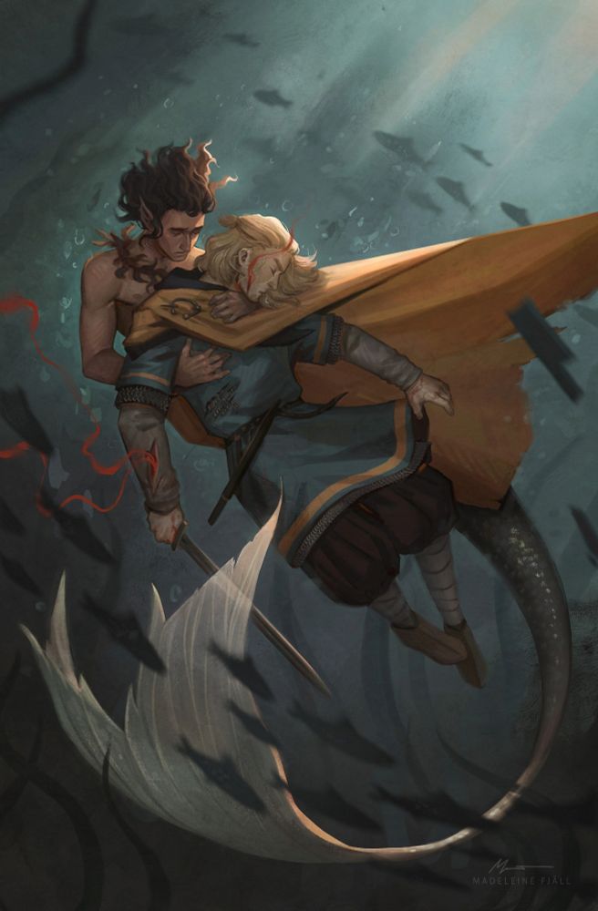 Illustration showing the characters from my book Niketas and Ulvar, but mermaid AU where Niketas is a merman. They are both underwater and Ulvar is dying.