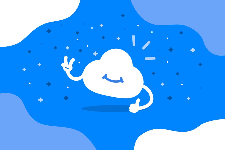 Illustration d’un nuage blanc souriant sur fond bleu.