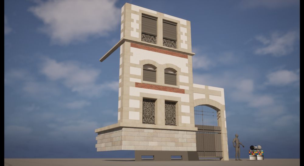 The image depicts a 3D-rendered architectural structure with an unusual design. The lower part of the building appears to be floating, supported by only a small central base. The structure features a combination of materials, including stone, brick, and metal, with arched windows and decorative ironwork. A gate is attached to the right side, and a small overhang extends from the upper floor. The background consists of a blue sky with scattered clouds. A human figure and a color calibration chart are present for scale and reference.







