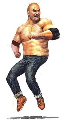 A bald guy with a broad chest with elbow bands wearing jeans and brown boots floating in the air