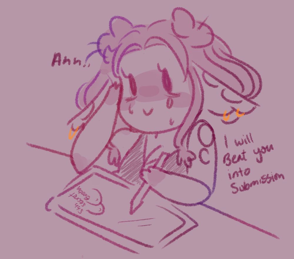 A doodle of a silly self-portrait- she's anxiously sketching on a drawing tablet with text next to her that says "ahh...I will beat you into submission".  