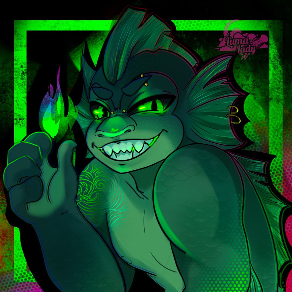 Gift art illustrating a green sea monkey! He has fins along his head (like a mohawk), back, arms, and as his "ears". His grin is mischievious and he has piercings on his fins, the bridge of his nose, and eyebrow.