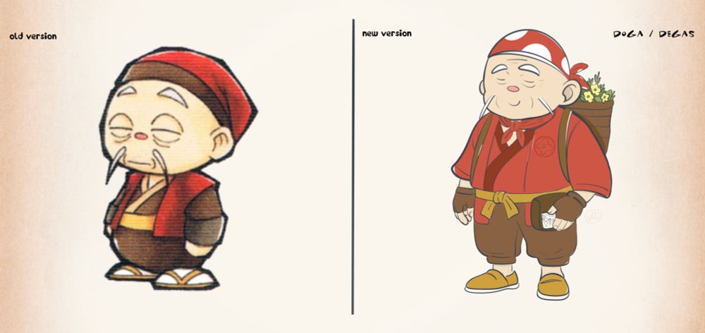 A side by side comparison of the original artwork of Doga / Degas from Harvest Moon 64 with my own redesign next to him. This new Doga has a colorful uniform in shades of red, gold, and honey brown. There is a Flowerbud Village 'crest' (a cherry blossom bloom) on his herbalist jacket. His basket is full of herbs and moon drop flowers. His pouch has a picture that his grandsons, Stu and Kent, drew for him, taped to his satchel. 

#fanart #oc #art #harvestmoon #storyofseasons #redesign #characterredesign #characterart #procreate #clipstudio 