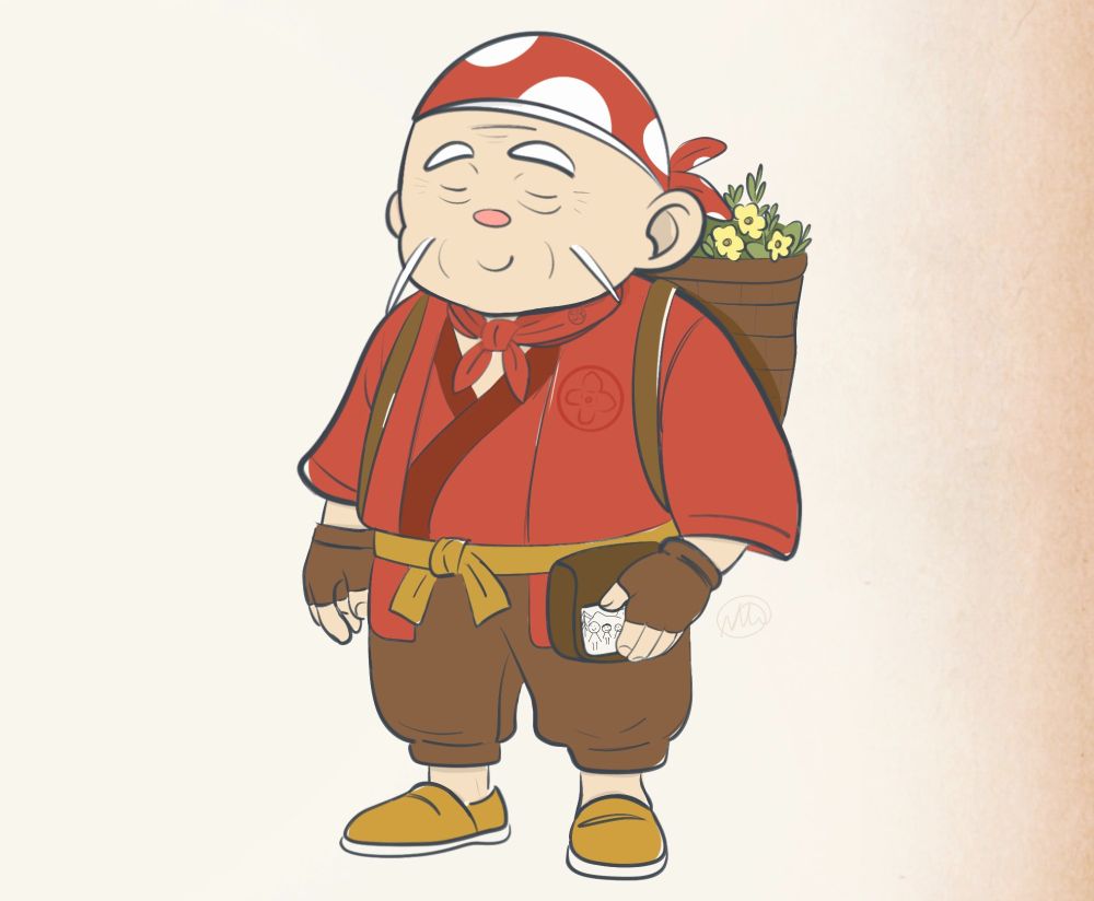 This new Doga has a colorful uniform in shades of red, gold, and honey brown. There is a Flowerbud Village 'crest' (a cherry blossom bloom) on his herbalist jacket. His basket is full of herbs and moon drop flowers. His pouch has a picture that his grandsons, Stu and Kent, drew for him, taped to his satchel. 

#fanart #oc #art #harvestmoon #storyofseasons #redesign #characterredesign #characterart #procreate #clipstudio 