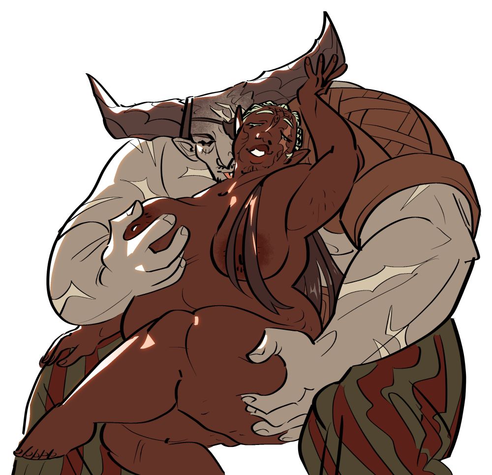 The Iron Bull, fully clothed, embracing a nude Lavellan. He grabs her hip in one hand, her breast in the other, and licks her neck