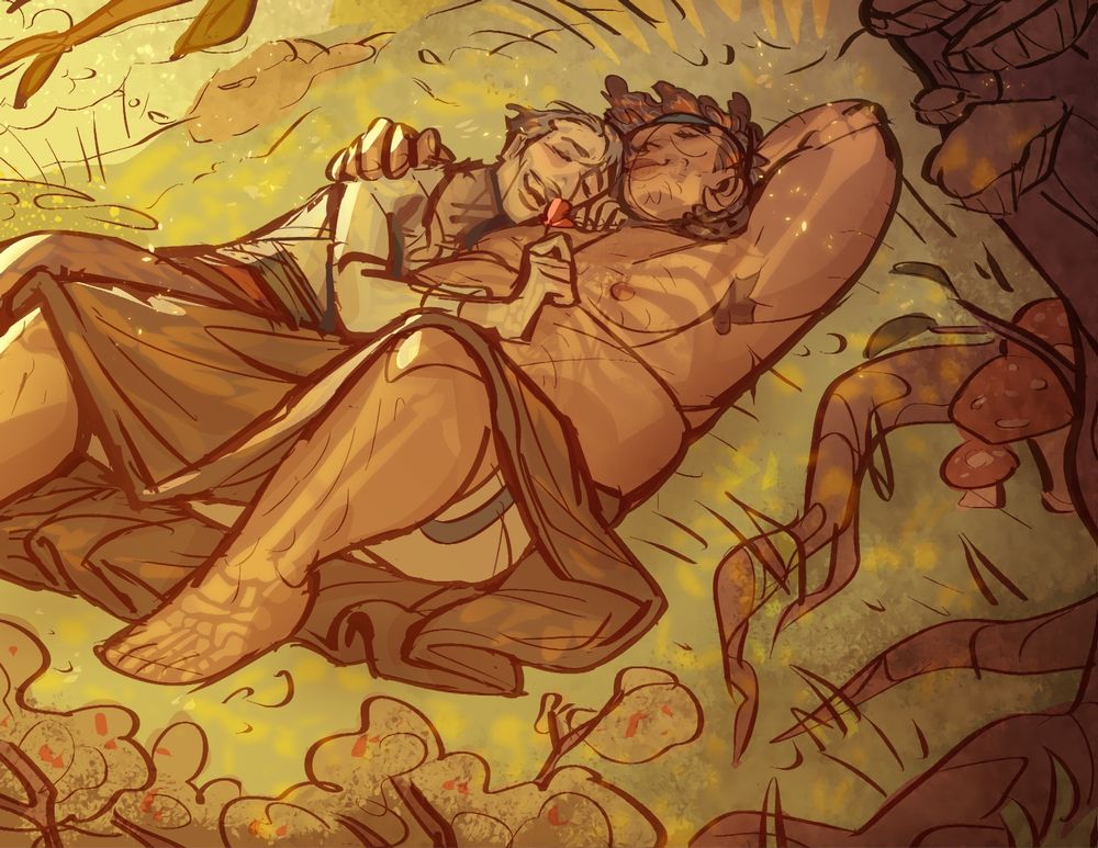 Héctor (Rook) and Emmrich lying on the forest floor in the shade. The sun dapples on their skin in the shape of skeletons 