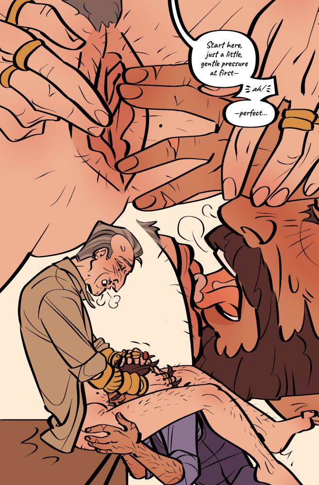 Three overlayed images of Emmrich and Lucanis. Top image shows Emmrich’s hands guiding Lucanis’ to his genitals, saying “Start here, just a little, gentle pressure at first- ah- perfect...” The second image is a close cropped zoom of Lucanis’ mouth on Emmrich’s labia, lapping at the fluids leaking. The third image shows Emmrich hunched over on the edge of the desk, clutching Lucanis’ head between his legs.