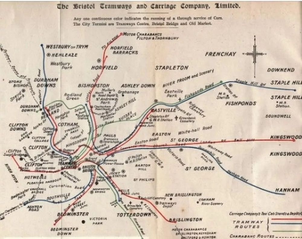 The 1910 map of Bristol's tram network(Image: Visitors' Guide to Bristol + Clifton, Bristol Tramways & Carriage Co. 1911)