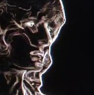 edge-detect glowy outline of our face, expression looking serious and commanding, side profile