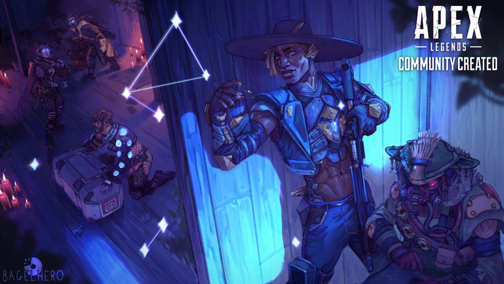 A splash screen from Apex Legends. It features the Legend Seer working with the Legend Bloodhound to gain a surprise advantage on another party. They're inside a cramped Kings Canyon shack, with the other squad (made up of a Wraith, Caustic and Mirage) taking stock of loot from a recent kill. While mirage loots, Caustic sets traps to be sure... until Wraith gets word from her Voices that danger is close.