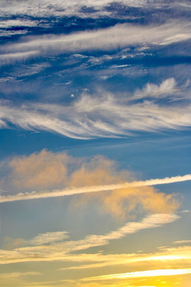 The golden sunset illuminates wispy clouds (and a plane) on a deep blue sky scape