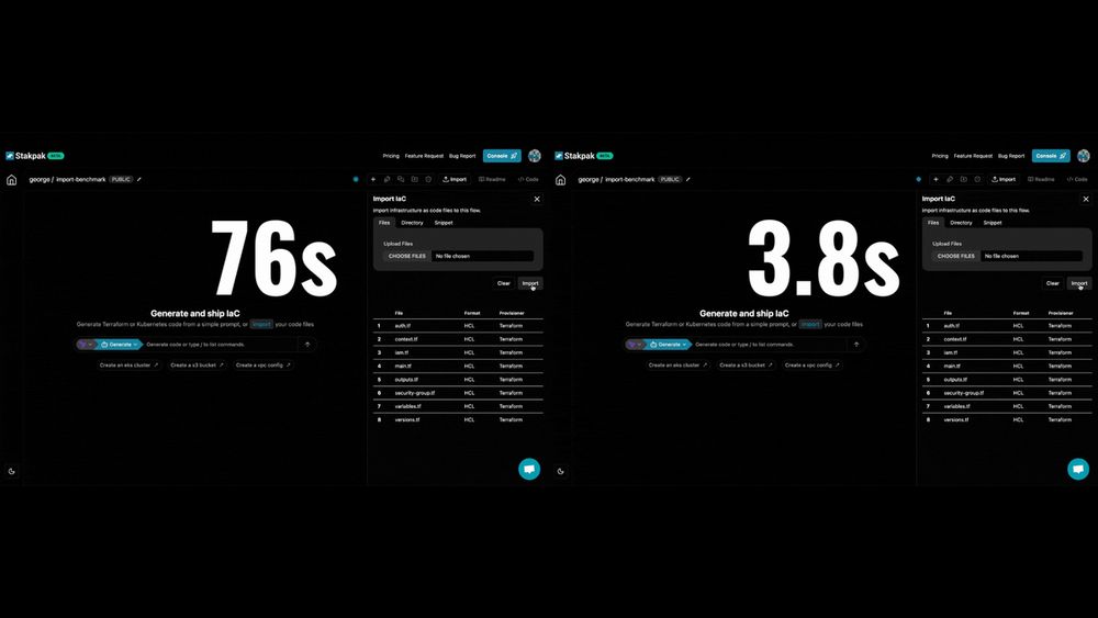 A screenshot of two browser windows with the same UI open, side by side, the one the left says "76 seconds", the one on the right says "3.8 seconds"