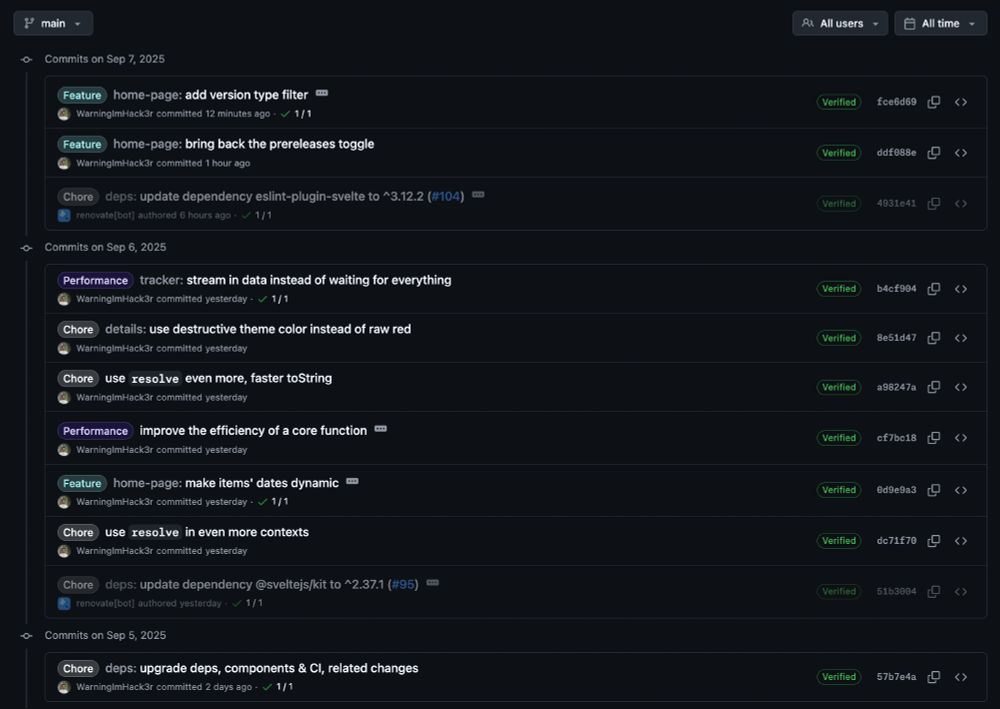 The commit history of the project, with 9 commits over 3 days