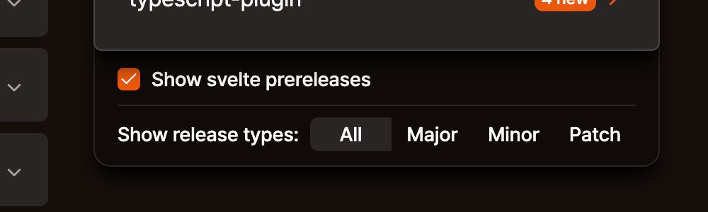 A subset of the main sidebar, showing a "Show svelte prereleases" checked checkbox, as well as a selector between "All" (selected), "Major", "Minor", and "Patch" for a "Show release types" option