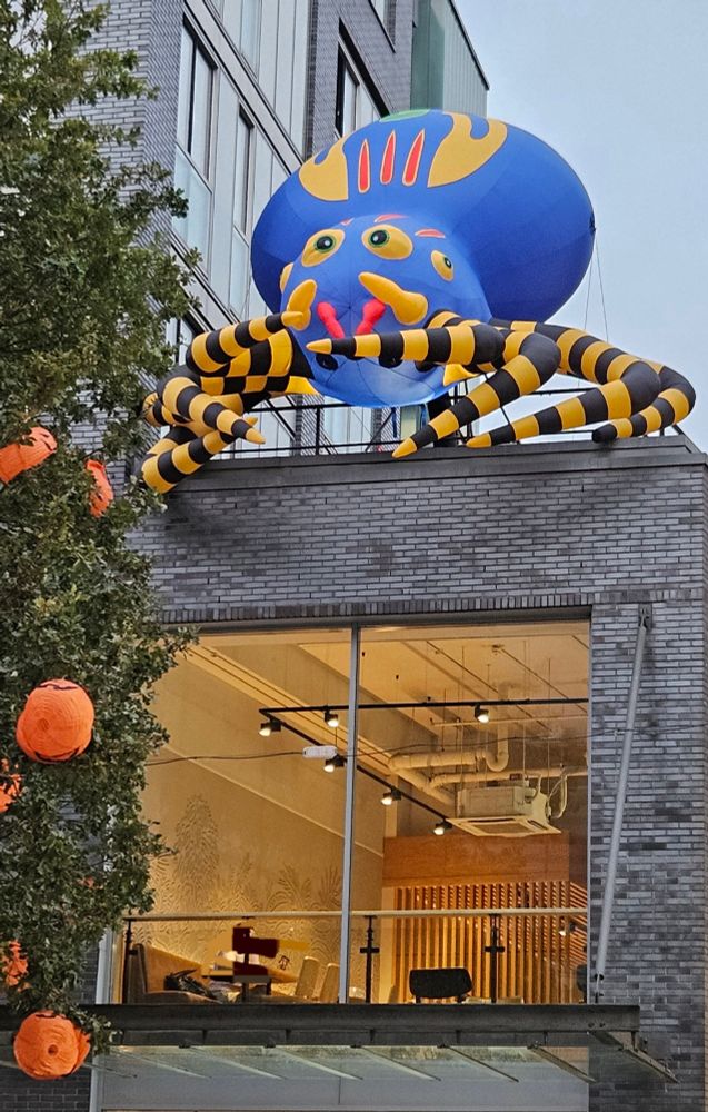 A large, colourful inflatable spider with yellow, black, and blue patterns is displayed on the roof of a modern brick building. Pretend pumpkin lanterns populate a tree.