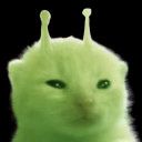 A kitten has been edited to be green. It has alien antennae and is squinting.