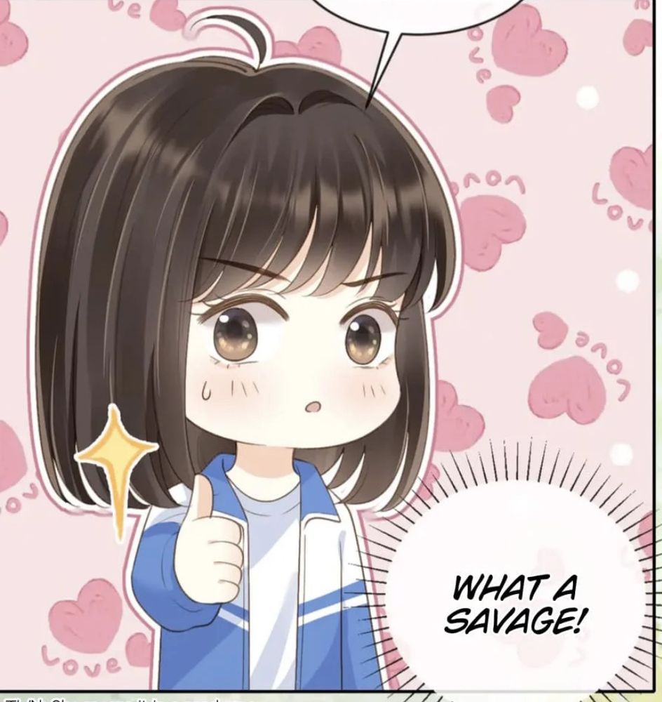 Chibi manwha character with a thumbs up and sparkles thinking What a Savage in front of a background of hearts saying Love.