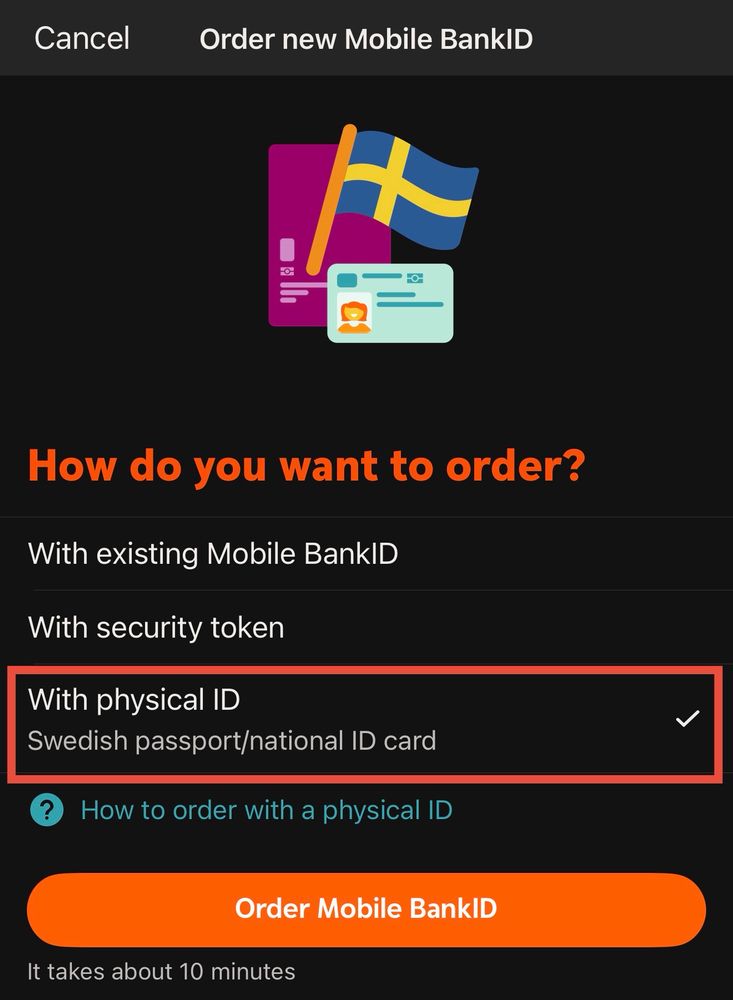 En skärmdump från Swedbanks iOS-app. Den visar tre val för att beställa nytt BankID: med existerande mobilt BankID, med säkerhetskod eller med en fysisk id-handling.