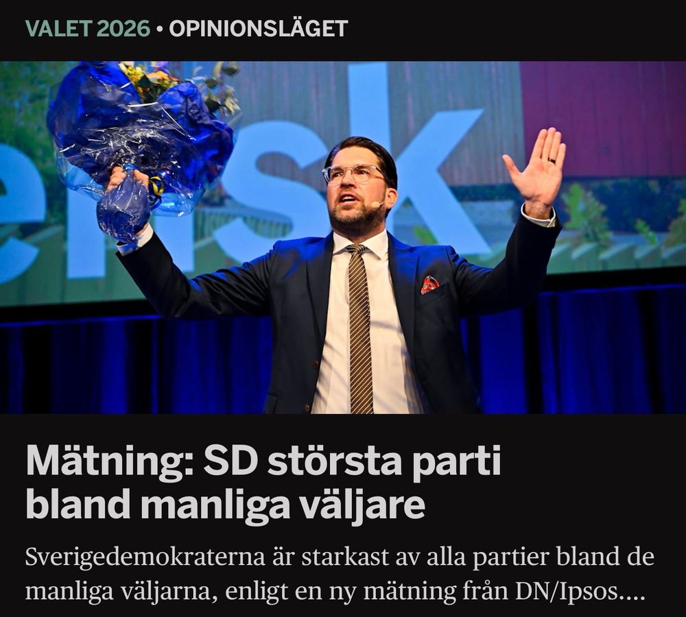 Mätning: SD största parti bland manliga väljare. Sverigedemokraterna är starkast av alla partier bland de manliga väljarna, enligt en ny mätning från DN/Ipsos.
