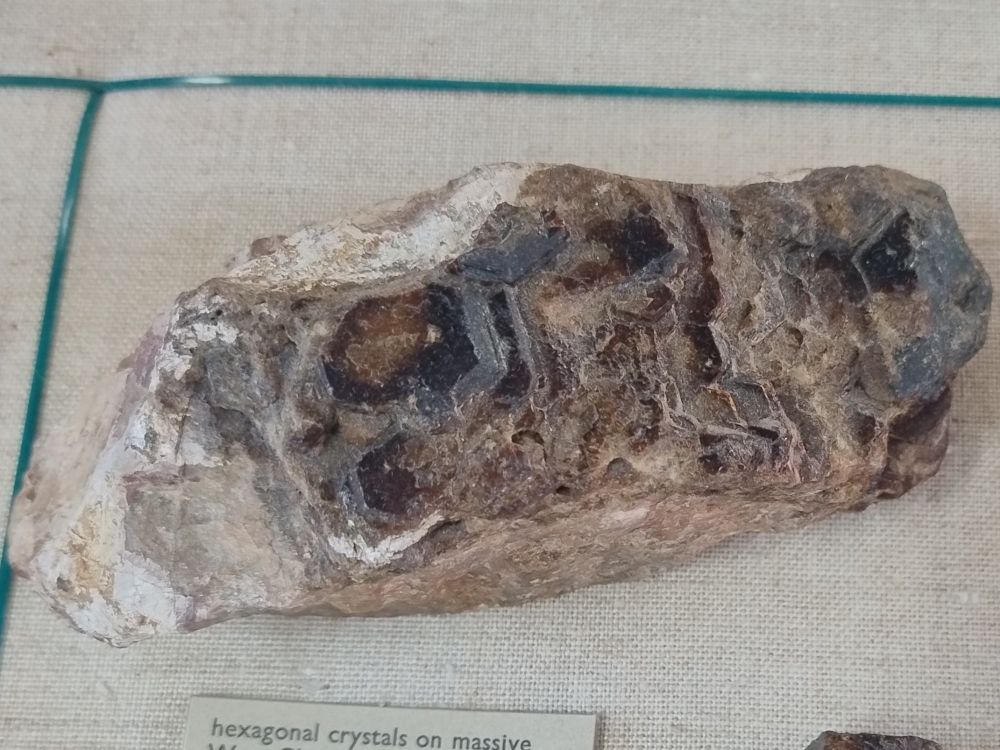 Hexagonal, brown crystals of bastnäsite on a beige matrix. From West Cheyenne Cañon, Colorado, USA.

Specimen on display in the Natural History Museum, London.