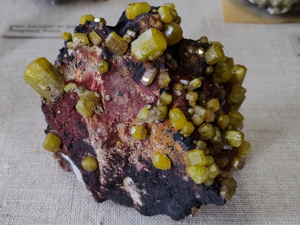 Double terminated yellow-green hexagonal prisms of mimetite rising out of a black and red matrix. From Johanngeorgenstadt, Saxony, Germany.

Specimen on display in the Natural History Museum, London.
