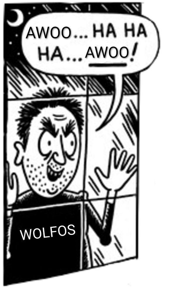 Edited version of the sickos meme. A creepy looking cartoon man is staring through a window with his hands on the glass and a triumphant expression on his face. He's wearing a black top that says "WOLFOS" and he's saying, "Awoo... Ha ha ha... Awoo!"
