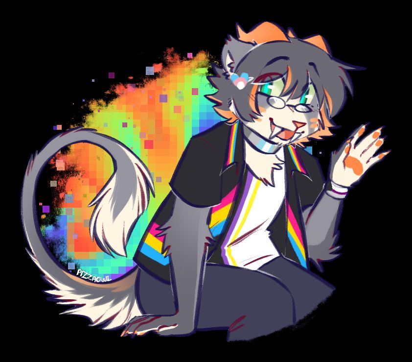 My sona wearing a Pan themed overshirt, Nonbinary shirt, Demisexual wristband, Demiboy collar, and Trans heart hairclip. Happy pride!