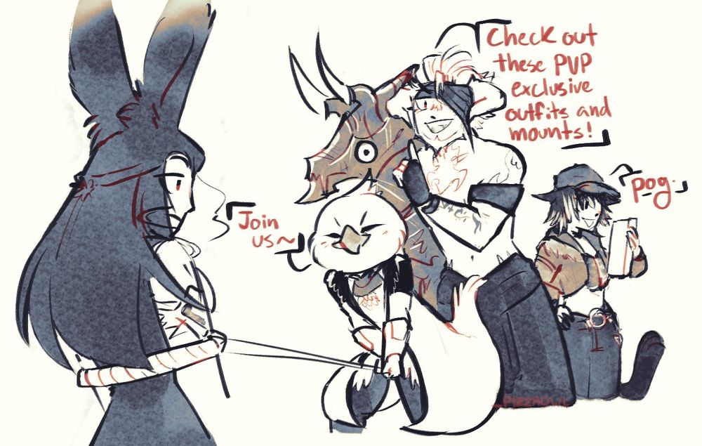 "Join us~"

Shuu taps his battle horse. "Check out these PVP exclusive outfits and mounts!"

Erika is looking at the catalog. "Pog."