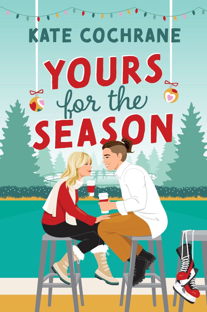 Cover of the book YOURS FOR THE SEASON which features Ali, a blonde with bangs and red lipstick wearing winter boots, black pants, red sweater, and cream scarf with her hand on JT's thigh. JT is wearing brown pants, a white button down, black boots, and sporting an undercut in her brown ponytail. They each have a beverage and are leaning toward each other.