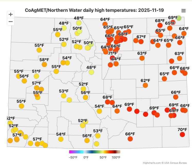 Map of high temperatures across Colorado on November 19, 2025, from CoAgMET and the Northern Water weather network. Highs on the eastern plains were in the 60s, and in western Colorado mainly in the 50s. From https://coagmet.colostate.edu