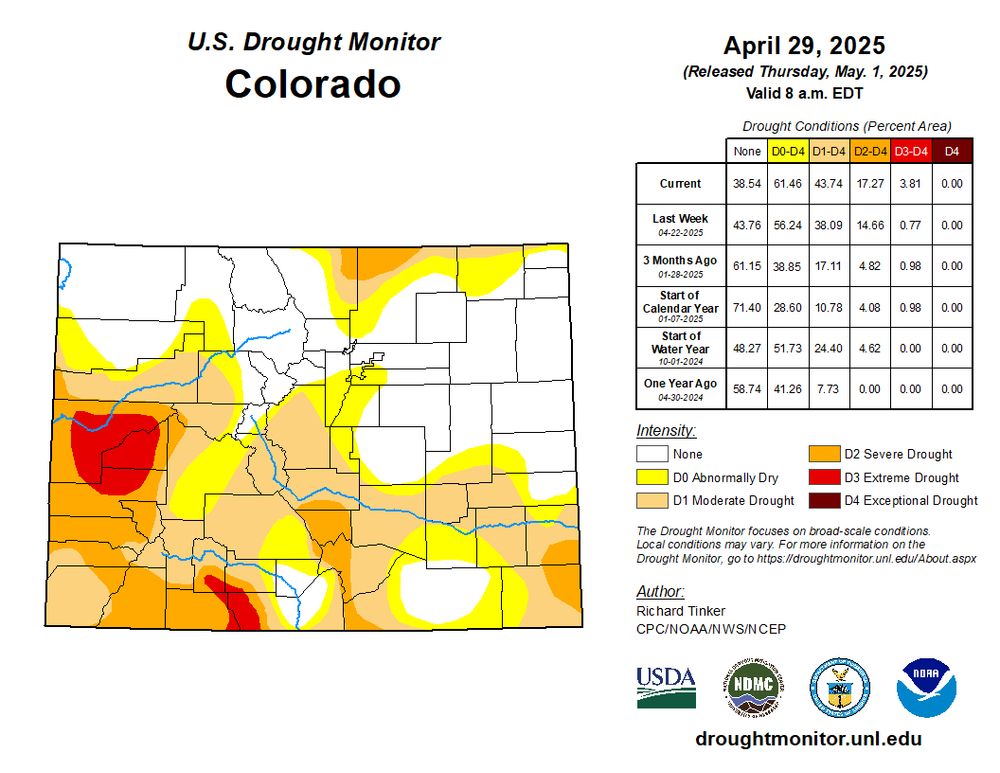 US Drought Monitor for Colorado for April 29, 2025. Much of southern Colorado is in drought, with a new area of D3 on the western slope. There are also pockets of drought in southeastern Colorado and the northern Front Range.