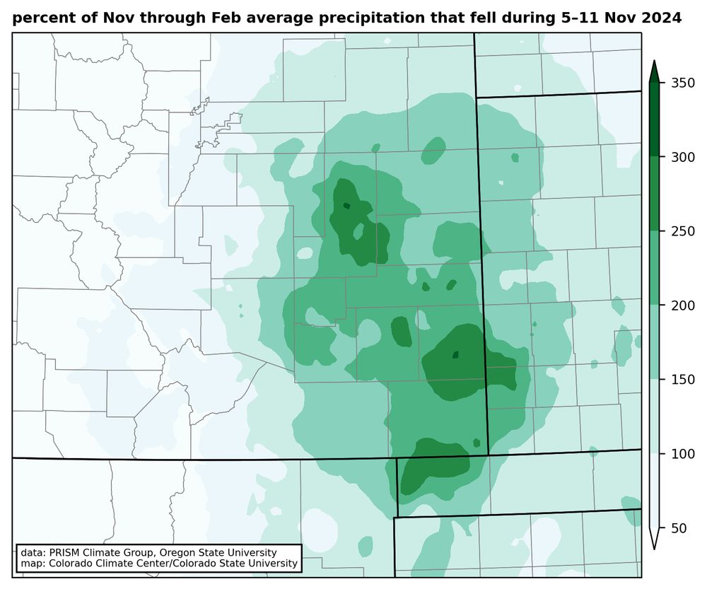 Map showing the percent of the average November through February precipitation that fell during the 5-11 November 2024 storm in southeast Colorado. Much of the region had more than twice the average amount during this single storm. 