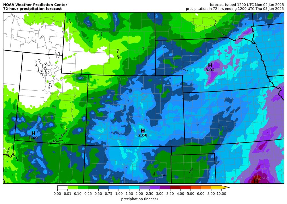NOAA Weather Prediction Center 72-hour precipitation forecast through Thursday morning. It shows widespread >0.75" across Colorado, with some localized areas in southern Colorado >2". 