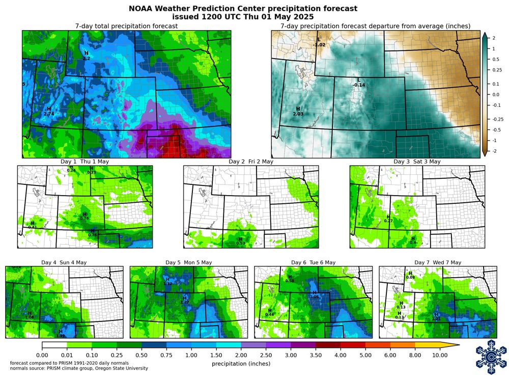 7-day precipitation forecast from NOAA's Weather Prediction Center, showing most of Colorado with above-average precipitation in the next week, especially on Mon-Weds, with the largest amounts in southeast Colorado.