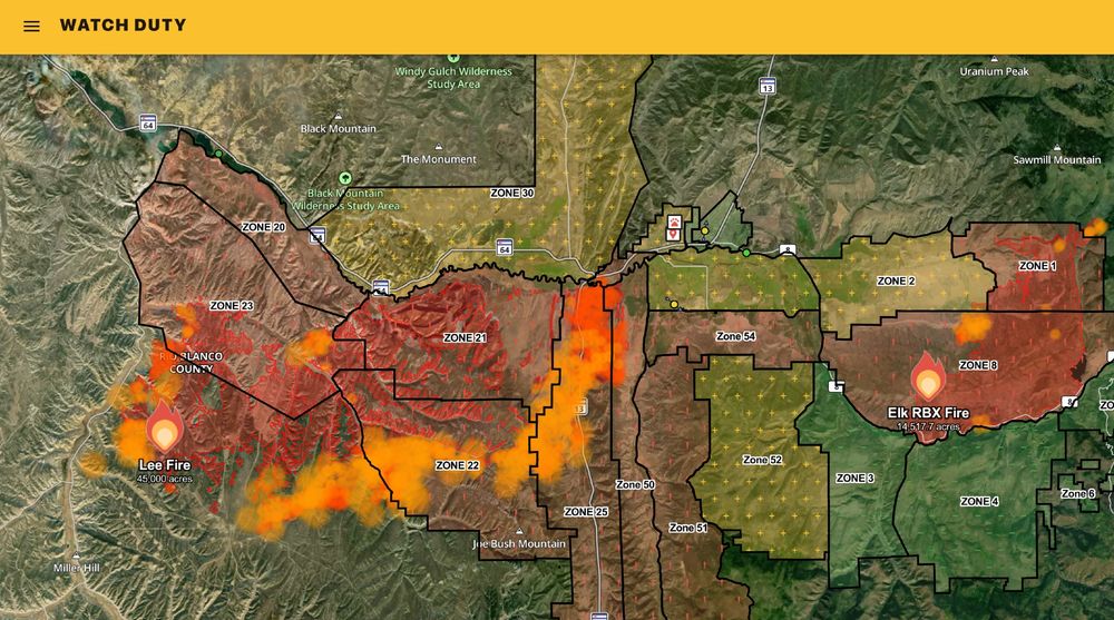 Screenshot from Watch Duty showing the perimeters of the Lee Fire and Elk Fire in Rio Blanco County, Colorado
