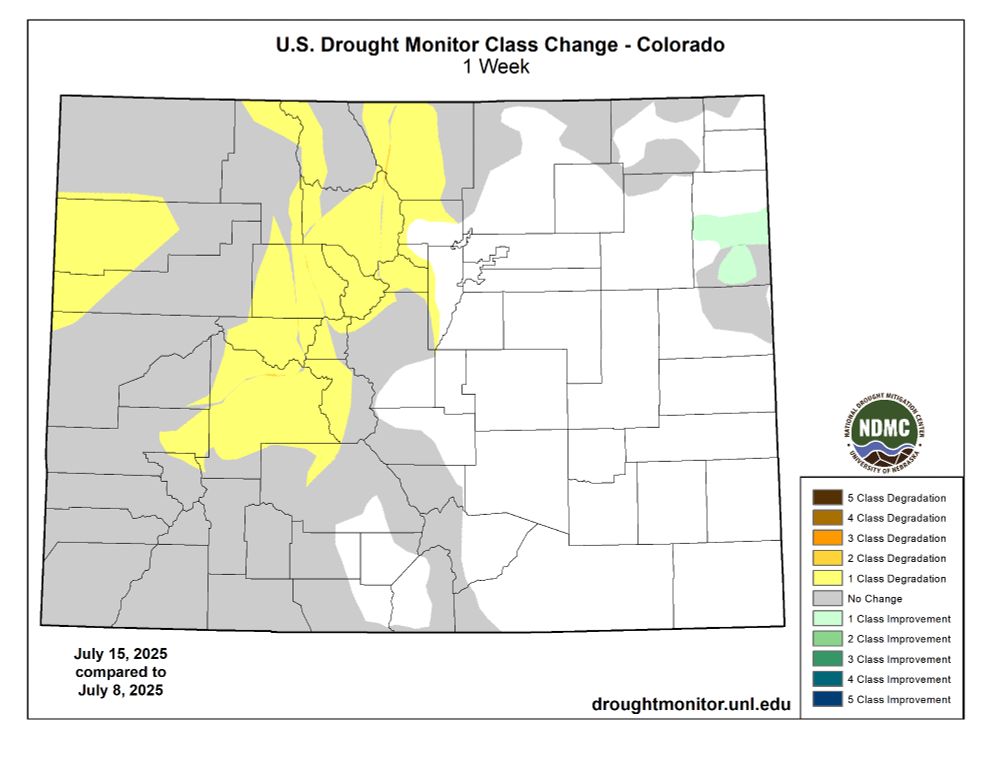 US Drought Monitor 1-week change map for Colorado for July 15, 2025. It shows degradation in a large part of western Colorado, along with a small improvement on the eastern plains.
