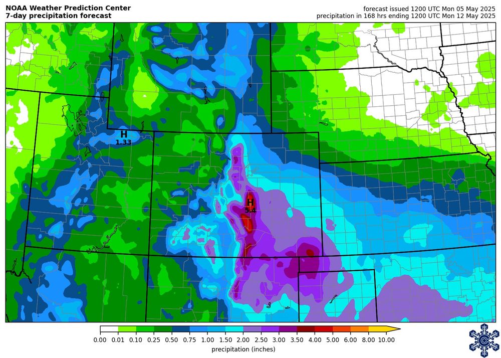 7-day precipitation forecast for Colorado from NOAA's Weather Prediction Center. Most of southern Colorado has >2" in the forecast, with over 5" on Pikes Peak. From https://climate.colostate.edu/drought/#outlook